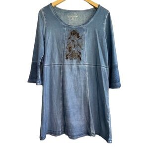 Soft Surroundings women’s Silk Cotton S Floral Beaded Accents Blue 3/4 Sleeve